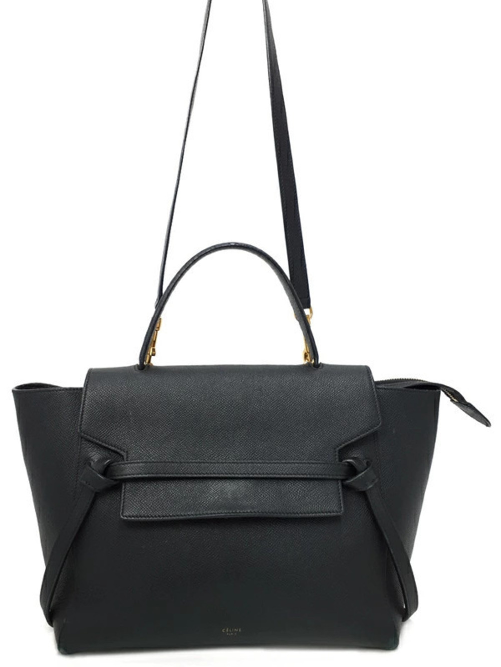 Celine black grained calfskin leather Belt Bag featuring a top handle